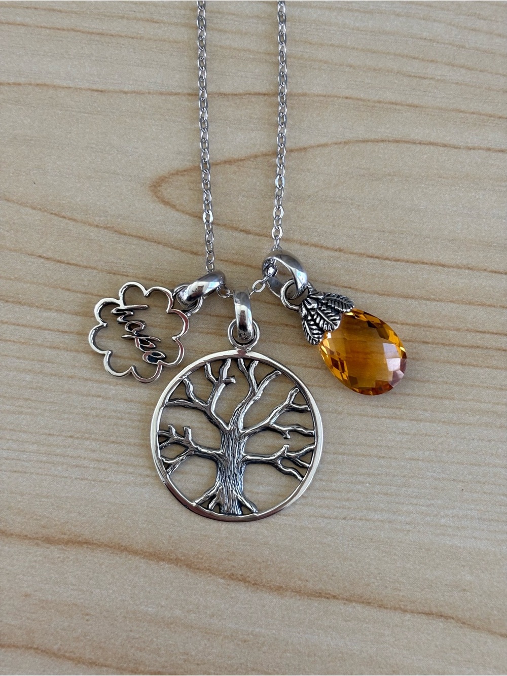 Vintage Samuel B Sterling Silver Citrine Tree of Life Hope Charm Necklace